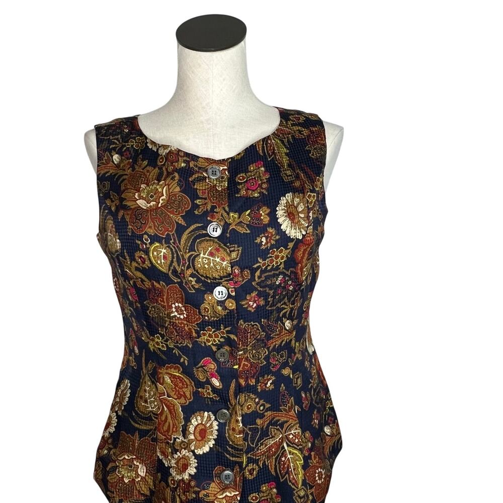 Anne Klein II Vintage 80s Navy Floral Vest Size 6 Button Front Fitted